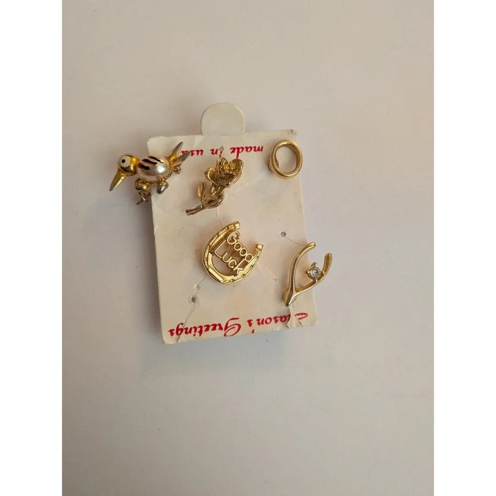 Vintage Gold Tone Lapel Pin Set Horseshoe Wishbone Bird Rose Faux Pearl 5pc